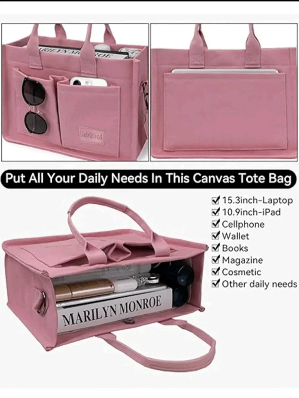 Pink Canvas Tote Bag Versatile Stripes Hobo Shoulder Bag, MultiCompartments